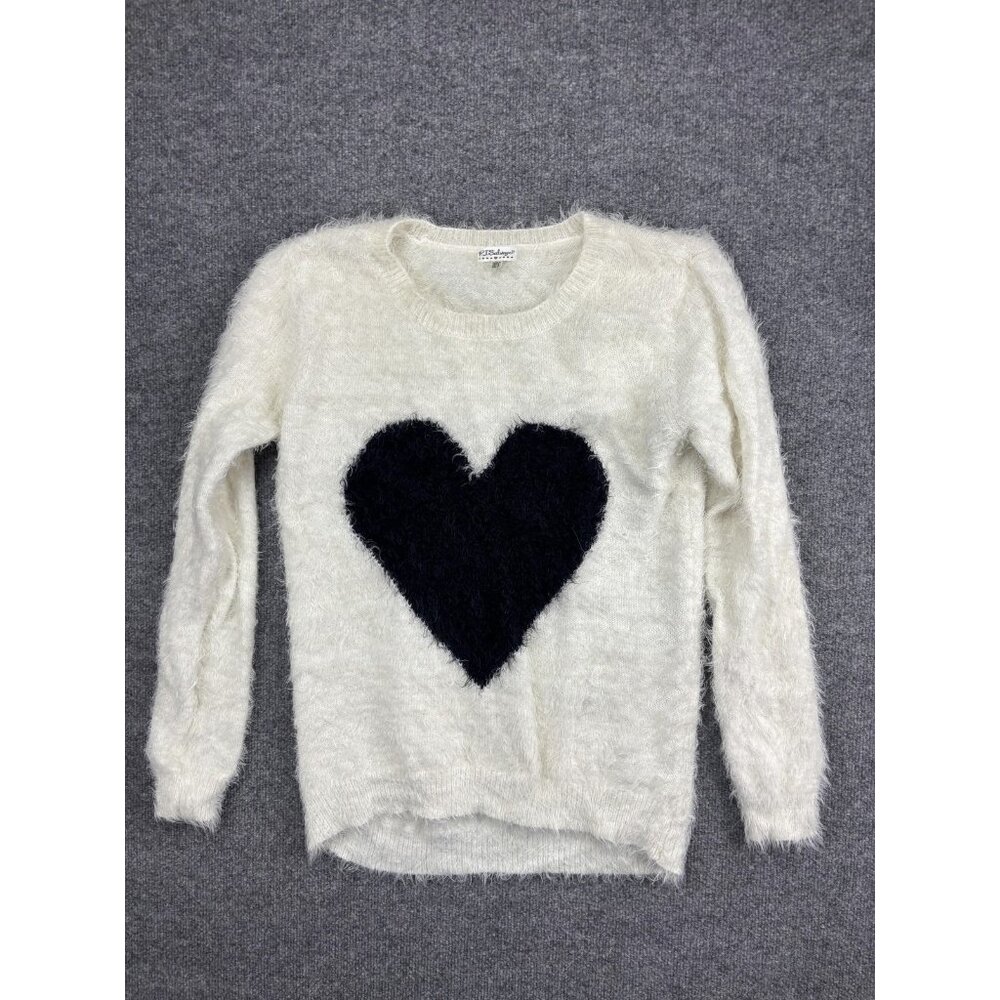 P.J. Salvage Sweater Womens Small White Black Heart Fuzzy Eyelash Knit Pullover